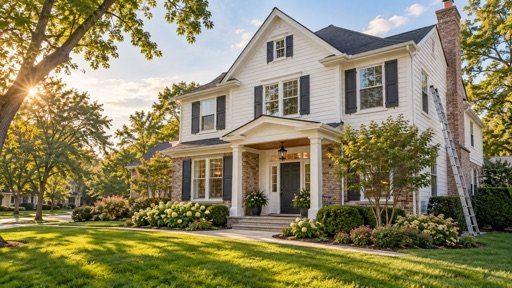 Freshly painted white two-story home exterior in Park Ridge on a clear day