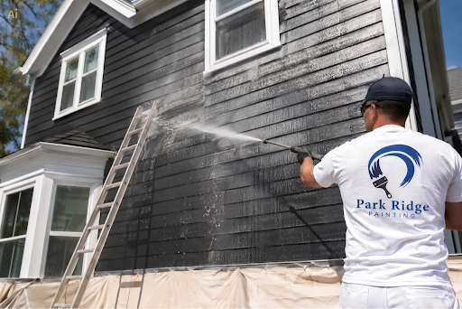 Park Ridge Painting Service painter power washing a home's dark charcoal exterior siding