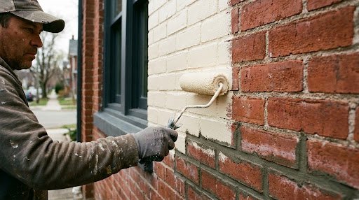Painter rolling cream colored mineral paint onto the red brick exterior of a Park Ridge, IL home