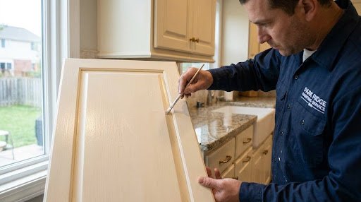 Painter from Park Ridge Painting Service brushing a smooth finish onto a cream kitchen cabinet door in Park Ridge, IL