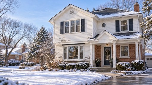 Snow-covered two-story home with peeling white paint on its siding and porch columns after a Chicago winter