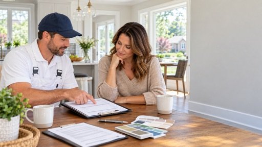 Homeowner reviewing a written painting estimate and paint swatches with a Park Ridge painter at a kitchen table