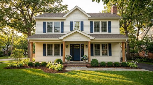 Cream two story home in Park Ridge, IL with navy blue shutters and a navy front door after an exterior repaint