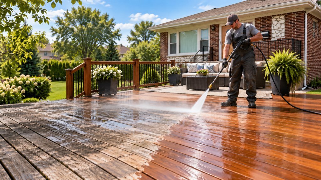Contractor power washing a weathered wood deck behind a Park Ridge, IL home