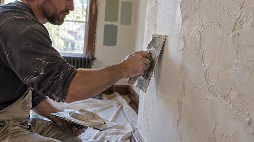 Painter skim-coating a cracked plaster wall smooth in a vintage Park Ridge home, with sage green paint swatches on the wall behind