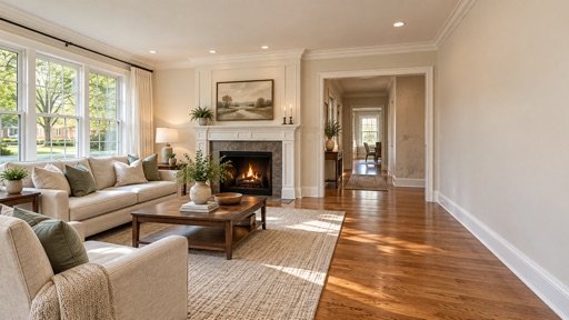 Freshly painted living room and hallway in a Park Ridge home, with cream walls and crisp white trim