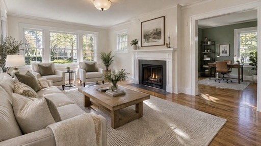 Park Ridge living room in warm off-white with crisp white trim and fireplace, opening to a sage green home office