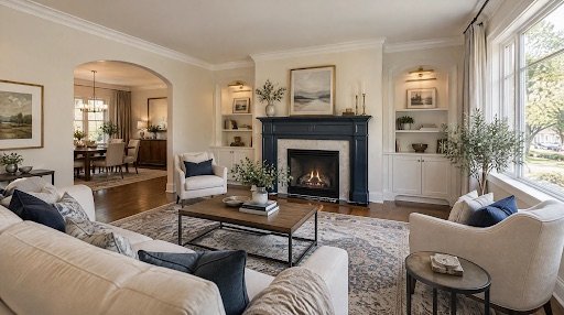 Freshly painted Park Ridge living room with warm white walls, crisp crown molding, and a deep navy fireplace surround