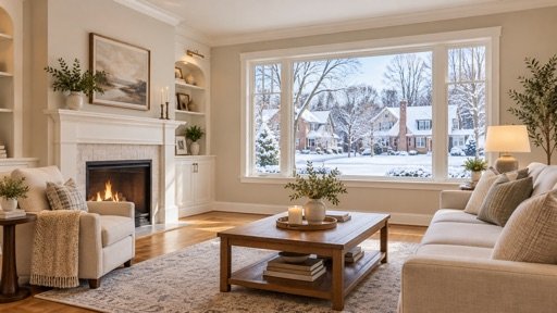 Freshly painted living room with white trim and a lit fireplace, with snow-covered Park Ridge homes outside the window