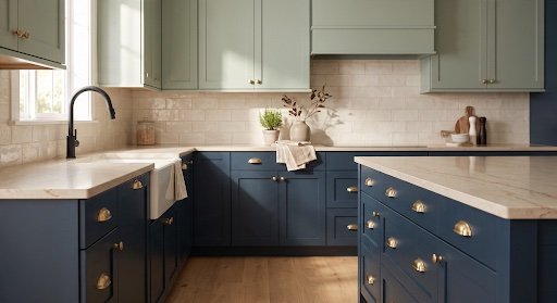 Two tone kitchen with sage green upper cabinets and navy blue lower cabinets with brass hardware showing 2026 cabinet painting trends