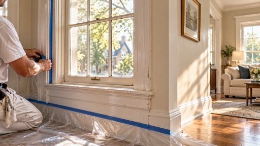 Painter masking original window trim with blue tape over plastic floor sheeting in a sunlit older Park Ridge home