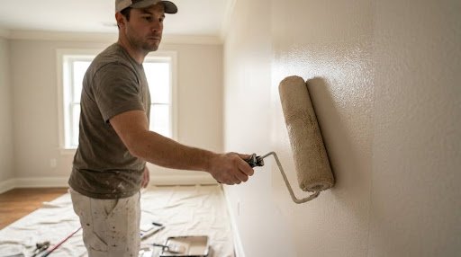 Painter rolling a low VOC finish coat onto an interior wall in a Park Ridge, IL home