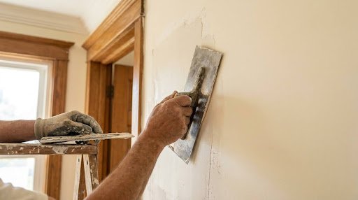 Plasterer smoothing a repaired interior wall with a trowel in a Park Ridge, IL home