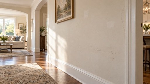 Sunlit hallway wall with a hairline crack, scuff marks, and mismatched touch-up patches